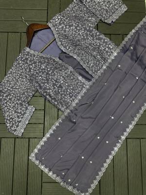dark lavender embroidery creap satin ready made saree 4