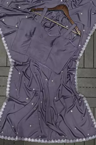 dark lavender embroidery creap satin ready made saree