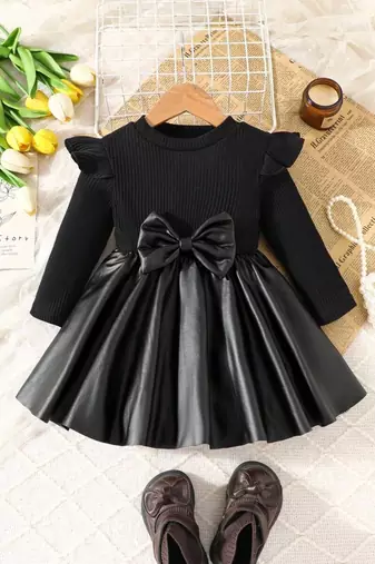 Black bow detail ribbed knit & faux leather party dress