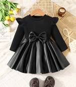 Black bow detail ribbed knit & faux leather party dress