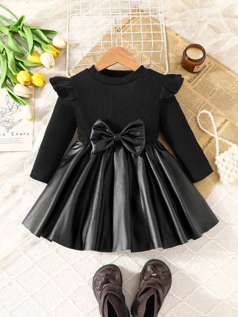 Black bow detail ribbed knit & faux leather party dress