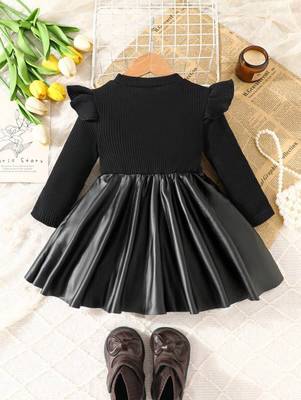 Black bow detail ribbed knit & faux leather party dress 2