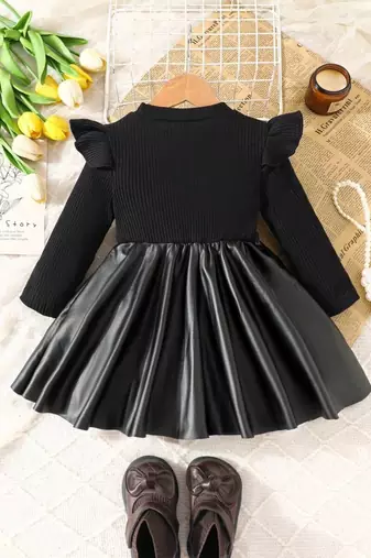 Black bow detail ribbed knit & faux leather party dress