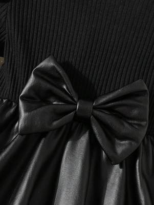 Black bow detail ribbed knit & faux leather party dress 3