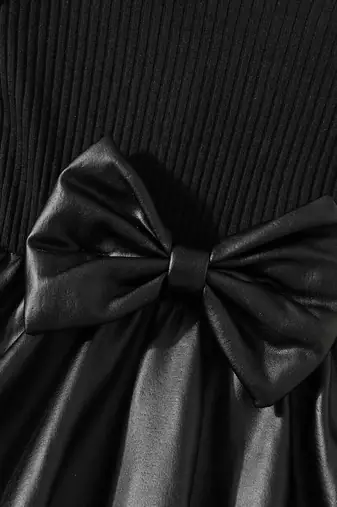 Black bow detail ribbed knit & faux leather party dress