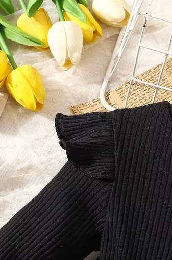Black bow detail ribbed knit & faux leather party dress