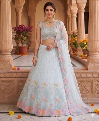 sky blue embroidered silk lehenga set 5