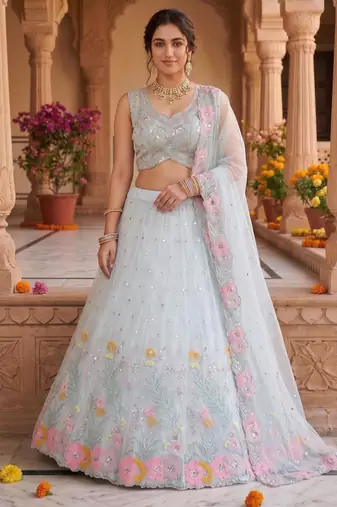 sky blue silk blend embroidered lehenga set
