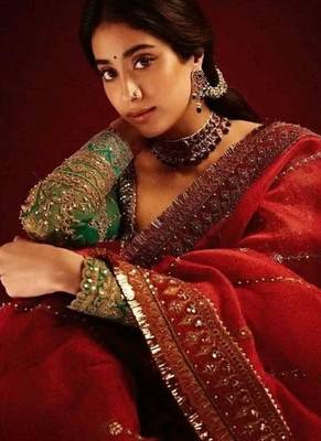 Red Color embroidery design work organza saree 2