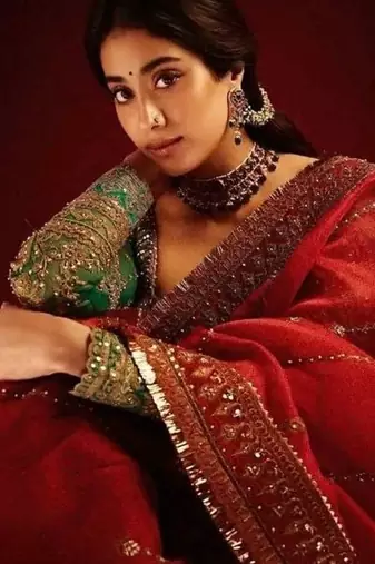 Red Color embroidery design work organza saree