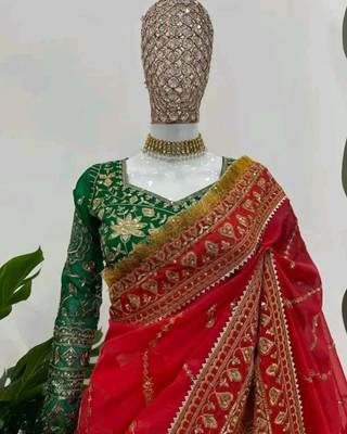 Red Color embroidery design work organza saree 3