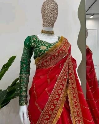 Red Color embroidery design work organza saree 4