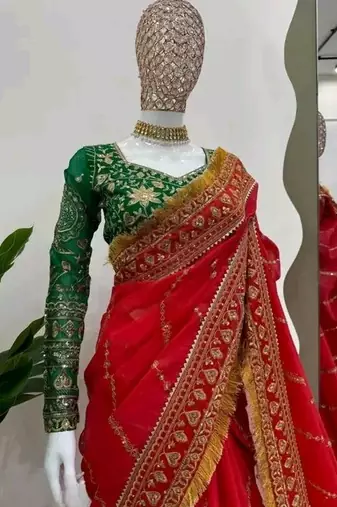 Red Color embroidery design work organza saree