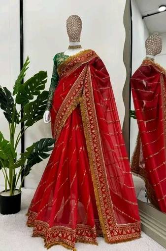 Red Color embroidery design work organza saree