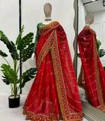 Red Color embroidery design work organza saree