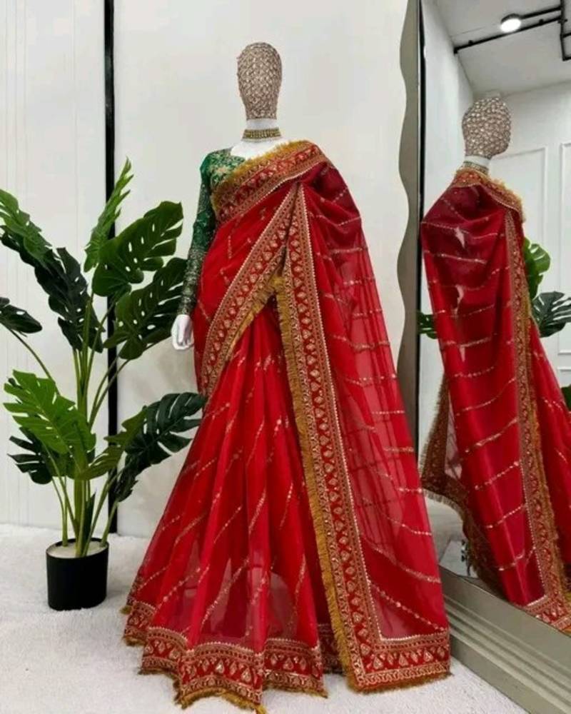 Red Color embroidery design work organza saree