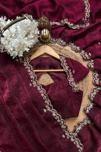 Wine Color Embroidery design work Silk Saree