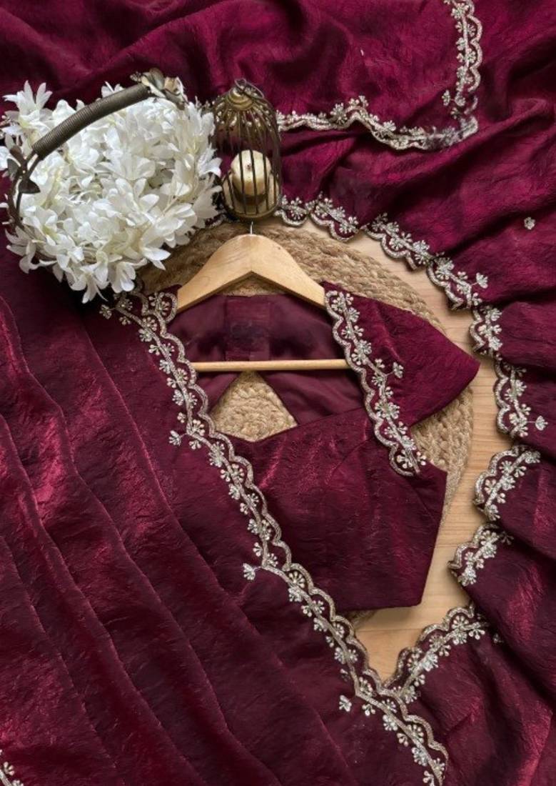 Wine Color Embroidery design work Silk Saree