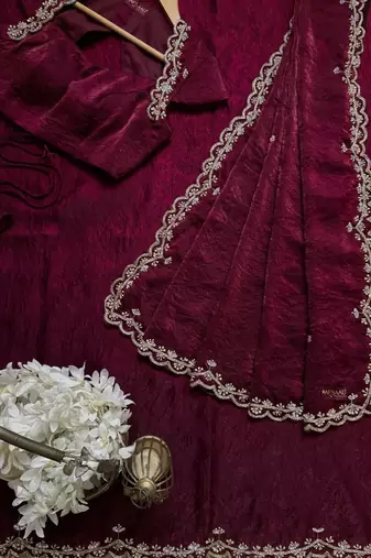 Wine Color Embroidery design work Silk Saree