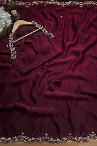 Wine Color Embroidery design work Silk Saree