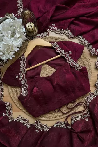 Wine Color Embroidery design work Silk Saree