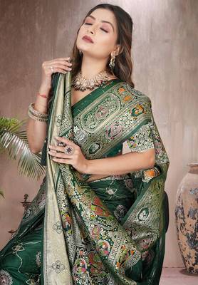 Green Banarasi Satin silk blend Saree with Silver Zari & Thread Woven Border and Rich Traditional Pallu 1