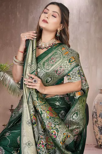 Green Banarasi Satin Silk Saree with Silver Zari & Thread Woven Border and Rich Traditional Pallu