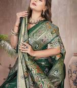 Green Banarasi Satin silk blend Saree with Silver Zari & Thread Woven Border and Rich Traditional Pallu