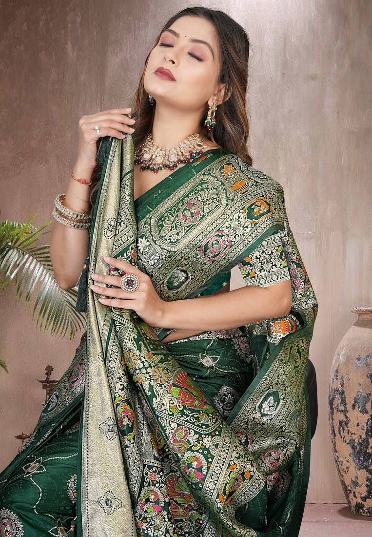 Green Banarasi Satin Silk Saree with Silver Zari & Thread Woven Border and Rich Traditional Pallu