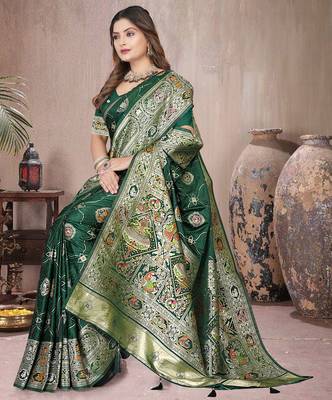 Green Banarasi Satin silk blend Saree with Silver Zari & Thread Woven Border and Rich Traditional Pallu 2