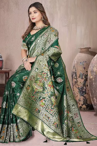 Green Banarasi Satin silk blend Saree with Silver Zari & Thread Woven Border and Rich Traditional Pallu