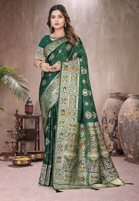 Green Banarasi Satin silk blend Saree with Silver Zari & Thread Woven Border and Rich Traditional Pallu 3