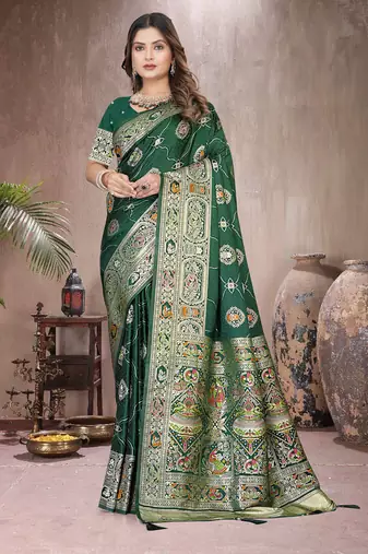 Green Banarasi Satin silk blend Saree with Silver Zari & Thread Woven Border and Rich Traditional Pallu