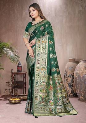 Green Banarasi Satin silk blend Saree with Silver Zari & Thread Woven Border and Rich Traditional Pallu 4