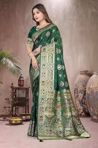 Green Banarasi Satin silk blend Saree with Silver Zari & Thread Woven Border and Rich Traditional Pallu