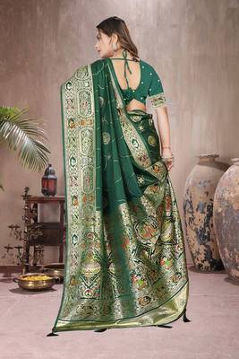 Green Banarasi Satin silk blend Saree with Silver Zari & Thread Woven Border and Rich Traditional Pallu 5