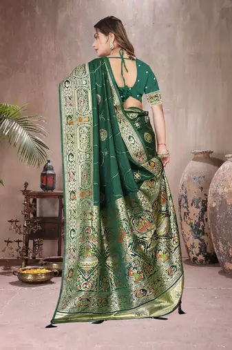 Green Banarasi Satin silk blend Saree with Silver Zari & Thread Woven Border and Rich Traditional Pallu