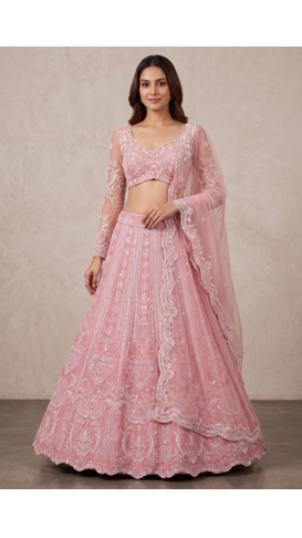Pink Slub Silk Heart Applique Embroidered Lehenga Set 1