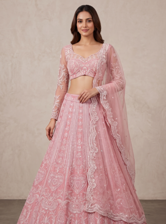 Pink Slub Silk Heart Applique Embroidered Lehenga Set