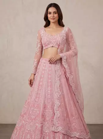 Pink Slub Silk Heart Applique Embroidered Lehenga Set