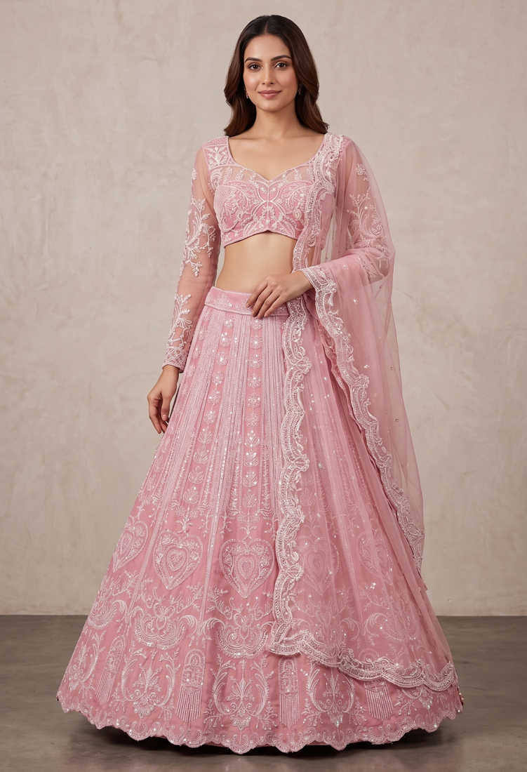 Pink Slub Silk Heart Applique Embroidered Lehenga Set