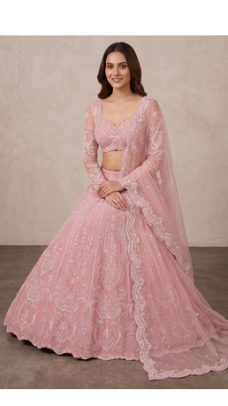 Pink Slub Silk Heart Applique Embroidered Lehenga Set 2