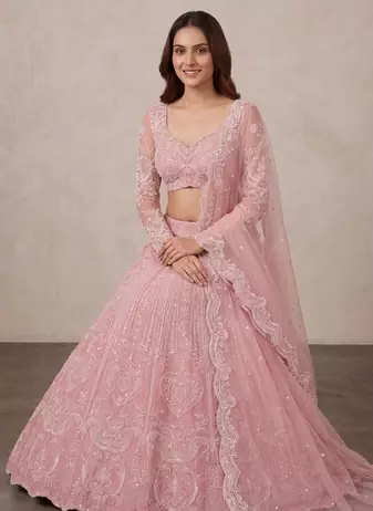 Pink Slub Silk Heart Applique Embroidered Lehenga Set
