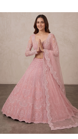 Pink Slub Silk Heart Applique Embroidered Lehenga Set 3