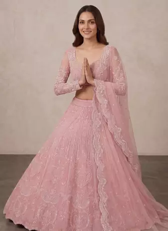 Pink Slub Silk Heart Applique Embroidered Lehenga Set