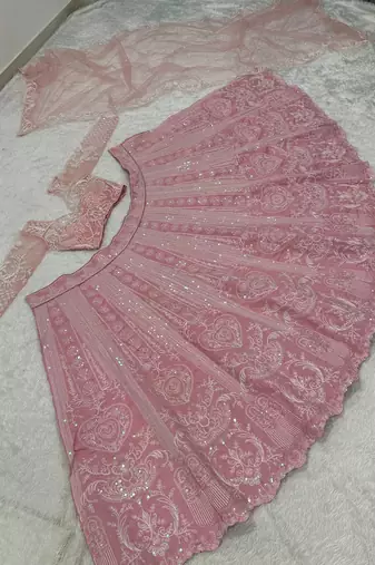 Pink Slub Silk Heart Applique Embroidered Lehenga Set