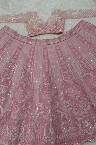Pink Slub Silk Heart Applique Embroidered Lehenga Set