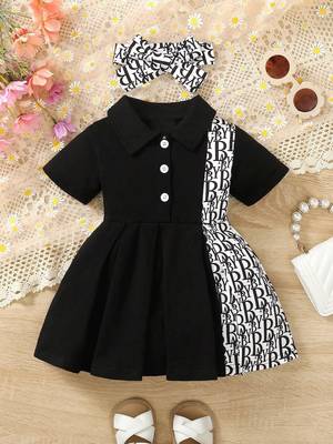 Black printed cotton blend fit & flare kids dress 1