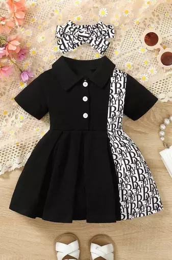 Black printed cotton blend fit & flare kids dress