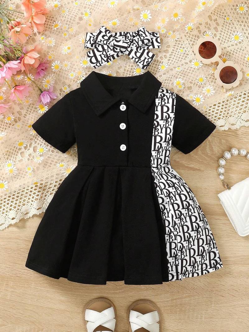 Black printed cotton blend fit & flare kids dress